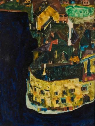 Egon Schiele, Stadt am blauen Fluß II, 1911, Bleistift, Gouache und Öl auf grundiertem Holz, 37 ...