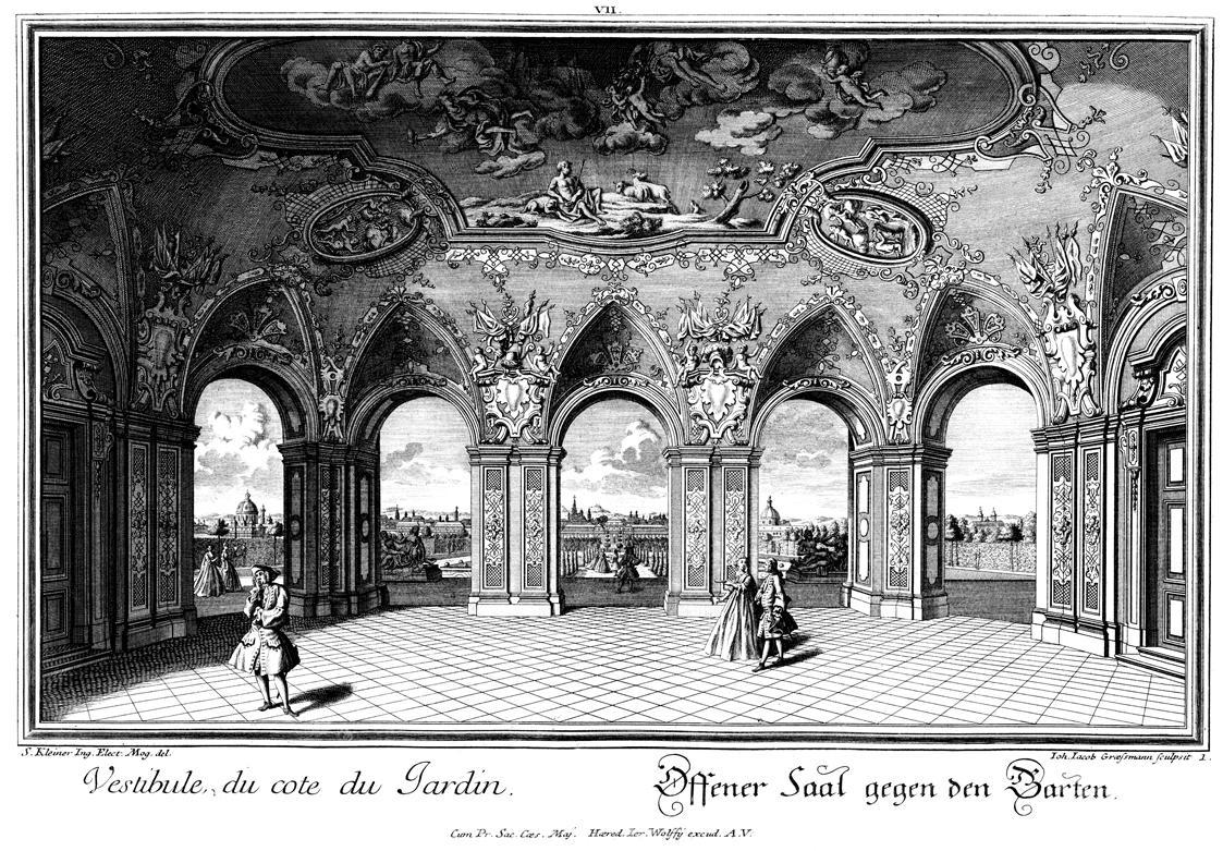 Salomon Kleiner, Offener Saal gegen den Garten, 1737, Radierung, Plattenmaße: 27,6 x 39,5 cm, B ...