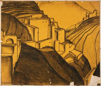 Ernestine Rotter-Peters, Häuser, um 1930, Monotypie auf gelbem Papier, 61 x 71,5 cm, Belvedere, ...