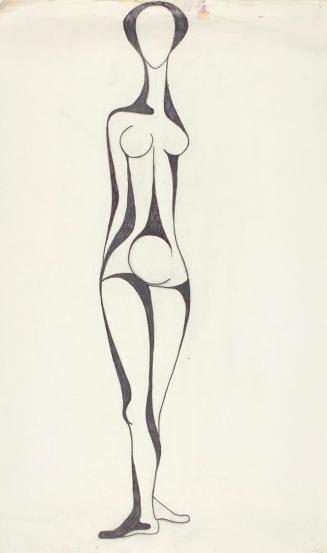 Josefine Sokole, Stehender weiblicher Akt, 1973, Bleistift und Filzstift auf Papier, 21,2 × 36  ...