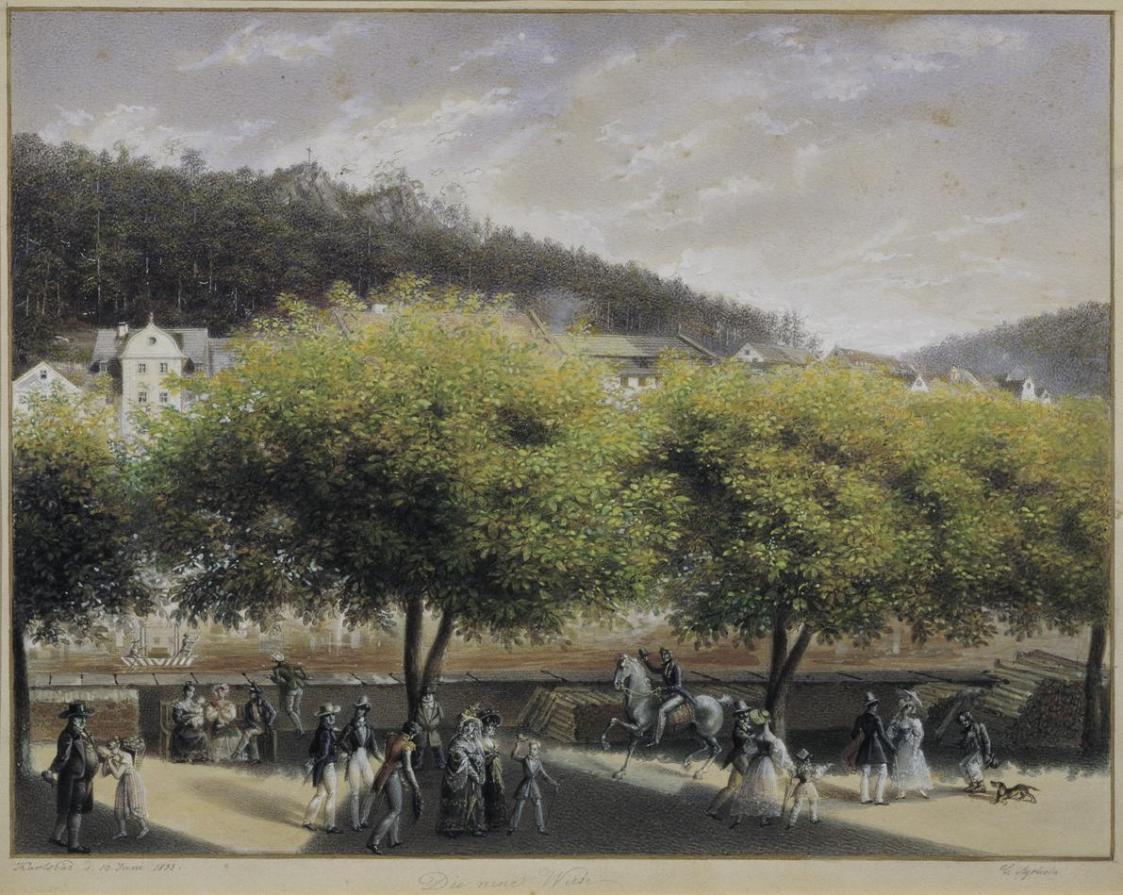 Carl Agricola, Die neue Wiese in Karlsbad, 1833, Aquarell, Gouache auf Karton, 22,5 x 31,4 cm,  ...
