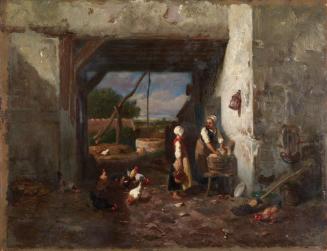 Charles Émile Jacque, Hühnerhof, um 1870, Öl auf Holz, 16,9 x 22,3 cm, Belvedere, Wien, Inv.-Nr ...