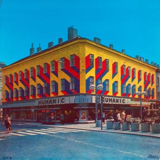 Roland Goeschl, Humanic-Haus Wien-Favoriten, Fassadengestaltung, 1977, Offsetdruck auf Karton,  ...