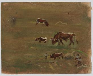 Ernestine Rotter-Peters, Kühe und Stier auf der Weide, undatiert, Tempera auf Papier, 18,5 x 21 ...