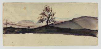 Ernestine Rotter-Peters, Landschaft mit kahlem Baum, 1930–1940, Tempera auf Papier, 16,5 x 38 c ...