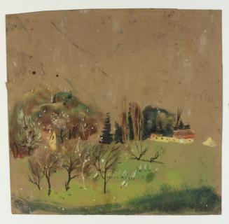 Ernestine Rotter-Peters, Landschaft mit Bäumen im Vordergrund, 1930–1940, Tempera auf Papier, 2 ...