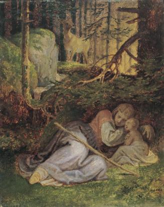 Joseph von Führich, Genovevas Rast im Walde, um 1869, Öl auf Holz, 18,6 x 15 cm, Belvedere, Wie ...