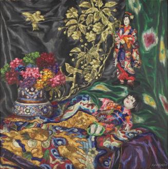 Alfred Waagner, Stillleben mit Blumen und asiatischen Puppen, 1913, Öl auf Leinwand, 75 × 75 cm ...