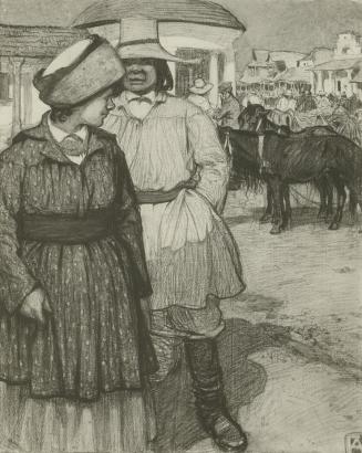Moriz Nähr, Die Kreidezeichnung:Galizischer Markt - von Ferdinand Andri (?), um 1899, Silbergel ...