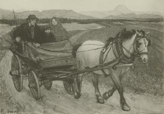 Moriz Nähr, Die Kreidezeichnung: Fahrt zum Markt - von Ferdinand Andri (?), um 1899, Silbergela ...