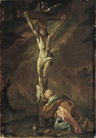 Unbekannter Künstler, Christus am Kreuz mit Maria Magdalena, um 1730/1740, Öl auf Leinwand, 57  ...