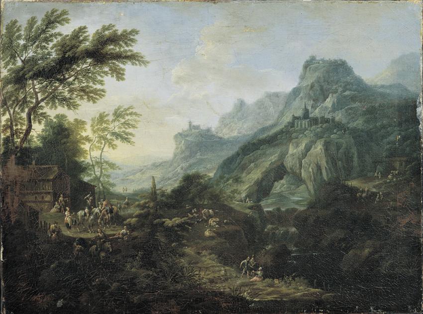Maximilian Joseph Schinnagl, Ideale Berglandschaft mit Gehöft, Öl auf Leinwand, 52 x 70 cm, Bel ...