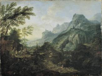Maximilian Joseph Schinnagl, Ideale Berglandschaft mit Gehöft, Öl auf Leinwand, 52 x 70 cm, Bel ...