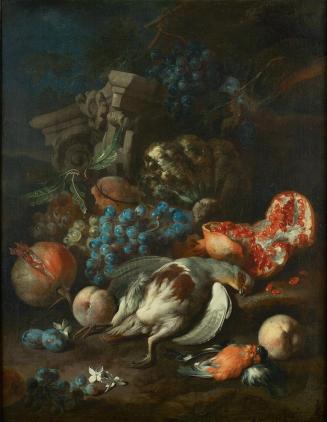 Franz Werner Tamm, Früchtestück mit totem Rebhuhn und Gimpelmännchen, 1720, Öl auf Leinwand, 72 ...