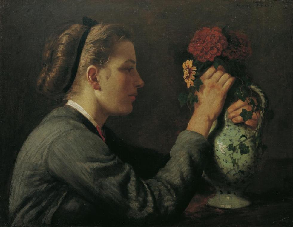 Hans Thoma, Agathe Thoma (1848–1929), die Schwester des Künstlers mit Blumen, um 1868, Öl auf L ...