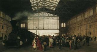Karl Karger, Ankunft eines Zuges am Nordwestbahnhof in Wien, 1875, Öl auf Leinwand, 91 x 171 cm ...