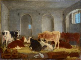 Michael Neder, Kühe im Stall, 1853, Öl auf Holz, 19 × 27 cm, Belvedere, Wien, Inv.-Nr. Lg 1568