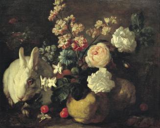 Franz Werner Tamm, Stillleben mit Kaninchen, Blumen und Früchten, um 1720/1724, Öl auf Leinwand ...