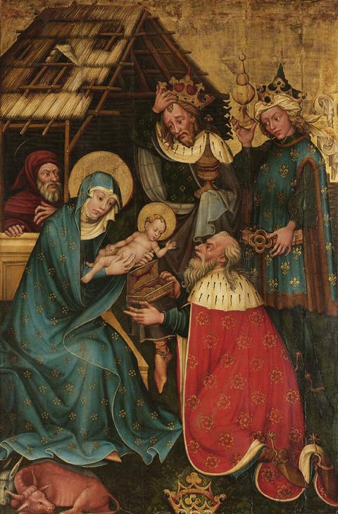 Meister des Friedrichsaltars, Anbetung der Hl. Drei Könige, um 1440/1450, Malerei auf Fichtenho ...