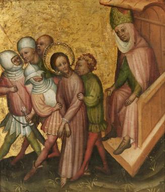 Meister der Passionstäfelchen, Christus vor Kaiphas, um 1400, Malerei auf Lindenholz, 26,5 x 22 ...