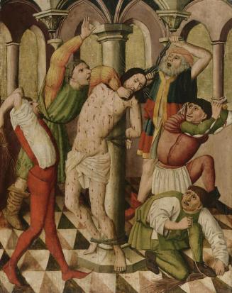 Meister der Laufener Georgslegende, Geißelung Christi, um 1460, Malerei auf Tannenholz, 96,5 x  ...