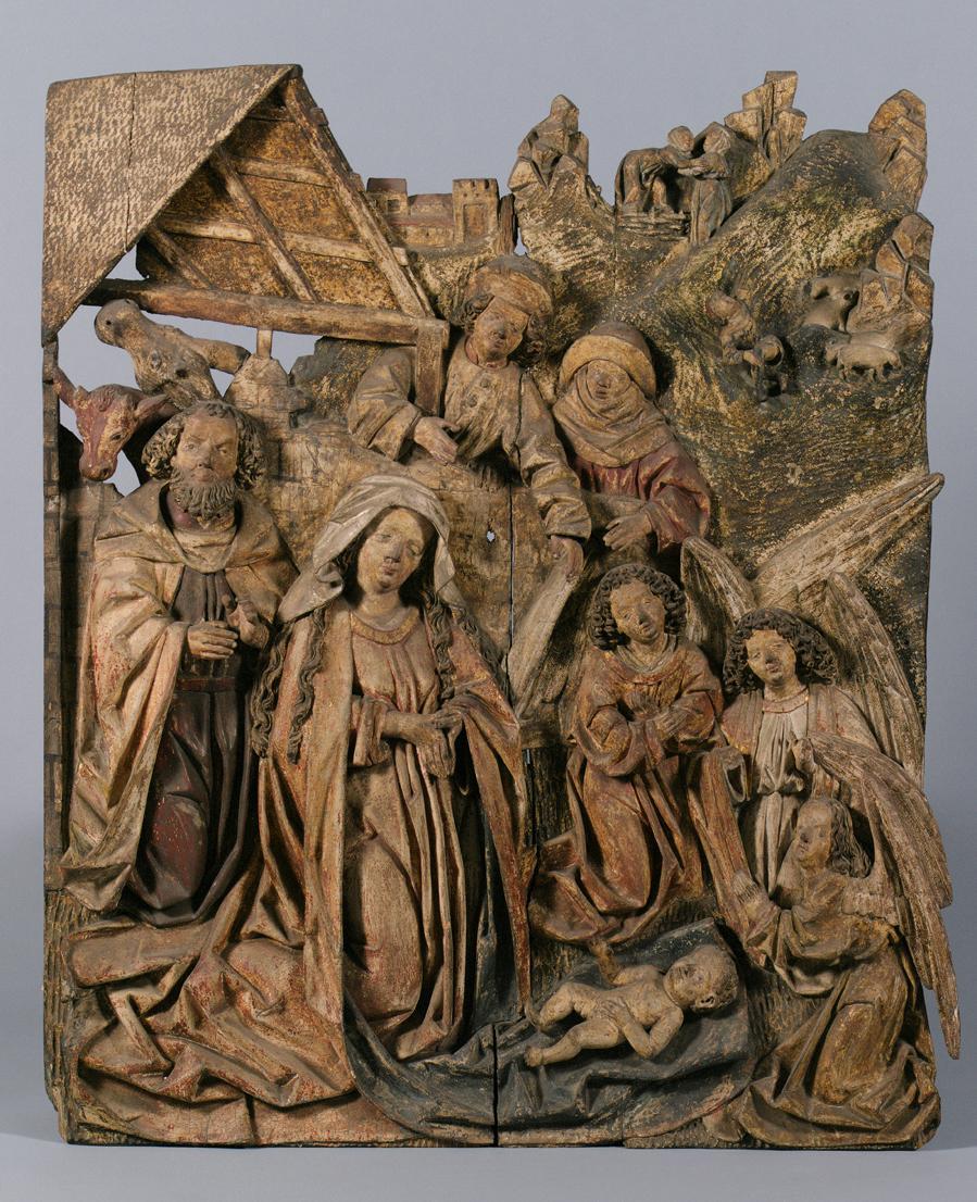 Narziss von Bozen (Werkstatt), Geburt Christi, um 1485, Zirbenholz, Reste originaler Fassung, 9 ...