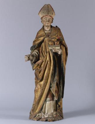 Tiroler Bildschnitzer, Hl. Nikolaus, Ende 15. Jh., Lindenholz, gefasst, vergoldet, H: 97 cm, Be ...