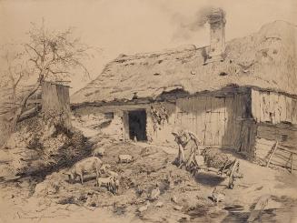Olga Wisinger-Florian, Arbeit am Bauernhof, um 1888, Feder in Tusche über Bleistift auf Papier, ...