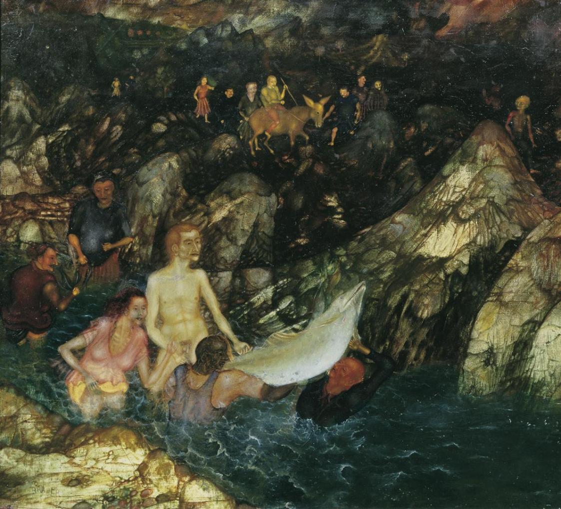 Arik Brauer, Nächtlicher Fischfang, 1955, Öl auf Hartfaserplatte, 36,5 x 41 cm, Artothek des Bu ...