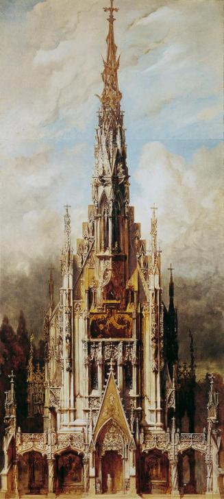 Hans Makart, Gotische Grabkirche St. Michael, Turmfassade, 1883, Öl auf Leinwand mit collagiert ...