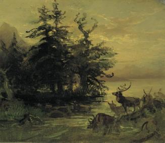Friedrich August Mathias Gauermann, Suhlende Hirsche am Ufer eines Bergsees, um 1850, Öl auf Le ...