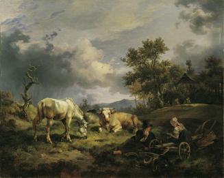 Friedrich August Mathias Gauermann, Junges Bauernpaar auf dem Feld rastend, 1829, Öl auf Holz,  ...