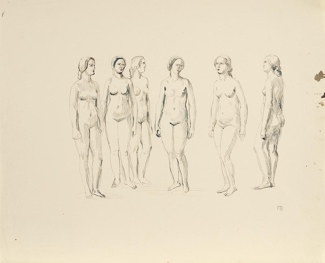 Franz Barwig d. Ä., Sechs weibliche Akte, um 1930, Feder auf Papier, 34 x 42 cm, Belvedere, Wie ...