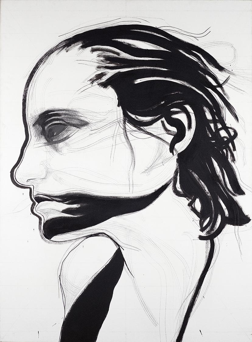 Franz Graf, Inn ess, 2010, Graphit und schwarze Tinte auf Leinwand, ungerahmt: 150 × 110 × 4 cm ...