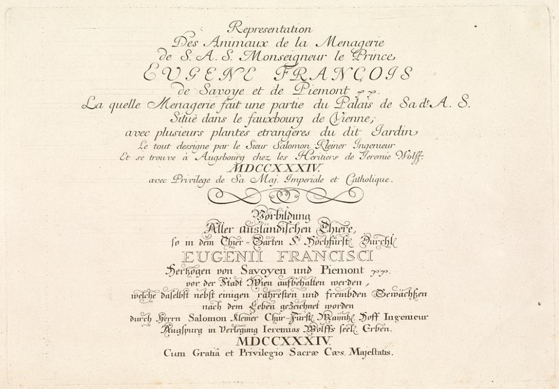 Salomon Kleiner, Titelblatt des "Menageriewerks", 1734, Kupferstich, Druck in Schwarz auf Papie ...