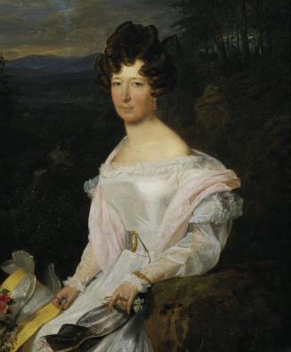 Ferdinand Georg Waldmüller, Dame in weißem Kleid vor einer Wienerwaldlandschaft, 1829, Öl auf H ...