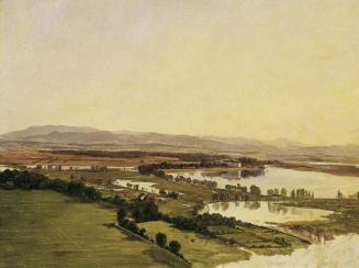 Monogrammist J.P., Landschaft mit Schloss Inzersdorf (gegen den Anninger), um 1840, Öl auf Lein ...