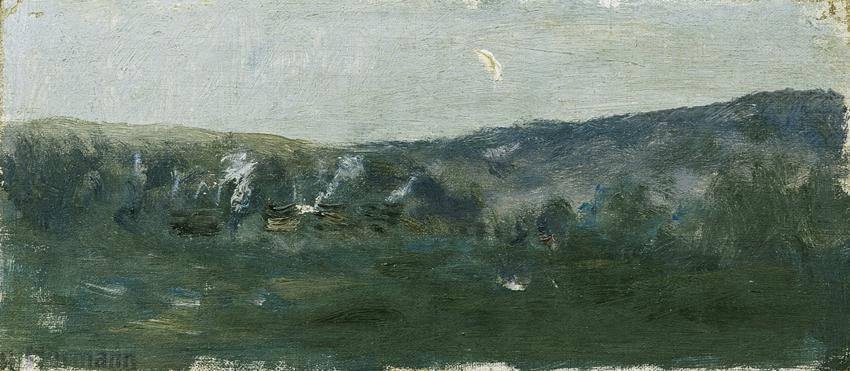 Theodor von Hörmann, Hügellandschaft mit Mondsichel, kurz vor 1895, Öl auf Leinwand, 8,7 x 19 c ...