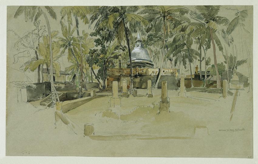Joseph Selleny, Buddhistischer Tempel auf Ceylon (Sri Lanka), 1858, Bleistift, Aquarell auf Pap ...