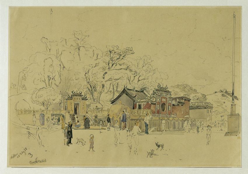 Joseph Selleny, Der Tempelhain Makok auf der Halbinsel Macao, 1858, Bleistift, Aquarell auf Pap ...