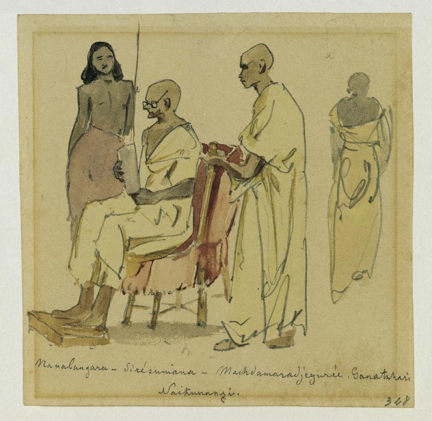 Joseph Selleny, Buddhistischer Oberpriester mit Assistenz auf Ceylon, 1858, Bleistift, Aquarell ...