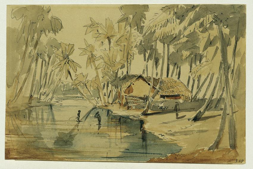 Joseph Selleny, Palmenhain auf Ceylon (Sri Lanka), 1858, Bleistift, Aquarell auf Papier, 11,5 x ...