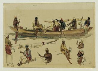 Joseph Selleny, Studie von Booten und Bootsleuten auf Ceylon, 1858, Bleistift, Aquarell auf Pap ...