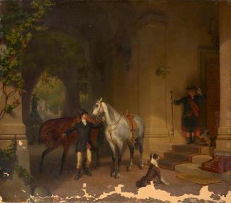 Düsseldorfer Maler um 1850, Reiter mit zwei Pferden vor Schloß, um 1850, Öl auf Leinwand, 60 x  ...