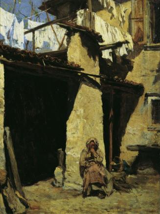 August von Pettenkofen, Neapolitanisches Bauernhaus mit Bäuerin, um 1873, Öl auf Holz, 32 x 25  ...