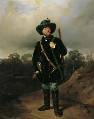 August von Pettenkofen, Josef Strommer als Jäger, 1845, Öl auf Holz, 36 x 29 cm, Belvedere, Wie ...