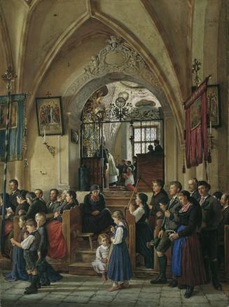 Emanuel Stöckler, Inneres der Pfarrkirche von Aussee, 1882, Mischtechnik auf Karton, 89 x 67 cm ...