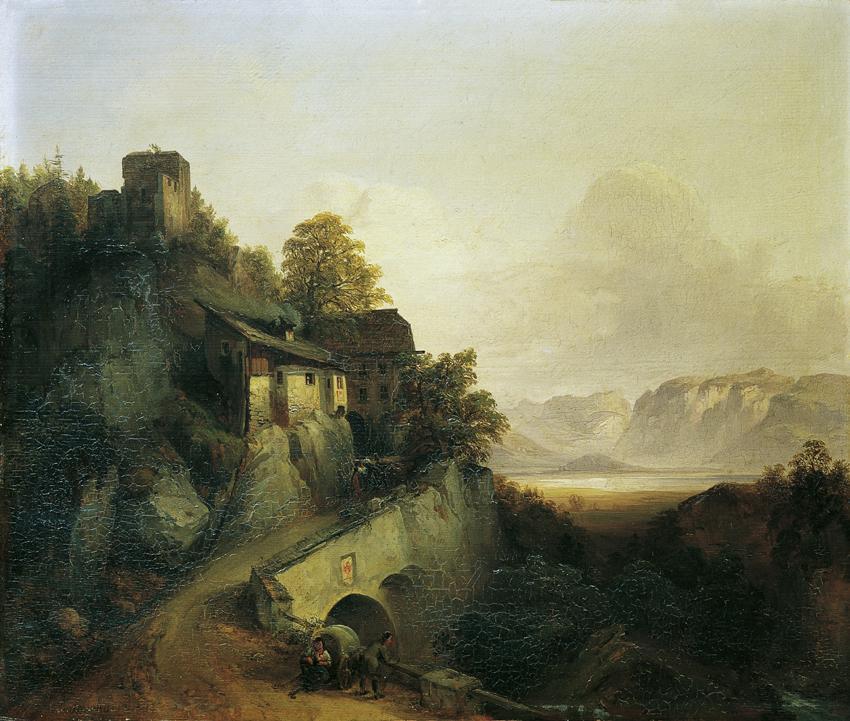 Franz Barbarini, Gebirgsstraße in Tirol, 1842, Öl auf Holz, 42 x 50 cm, Belvedere, Wien, Inv.-N ...