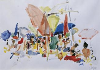 Friedrich Hermann Schiff, Sonnenschirme am Strand, Grado, 1967, Aquarell auf Papier, 27 x 39 cm ...