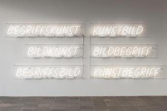 Peter Weibel, Begriffskunst, 2014, Neonröhren, Kabel, 6teilig, 194 × 547 × 14 cm, Belvedere, Wi ...